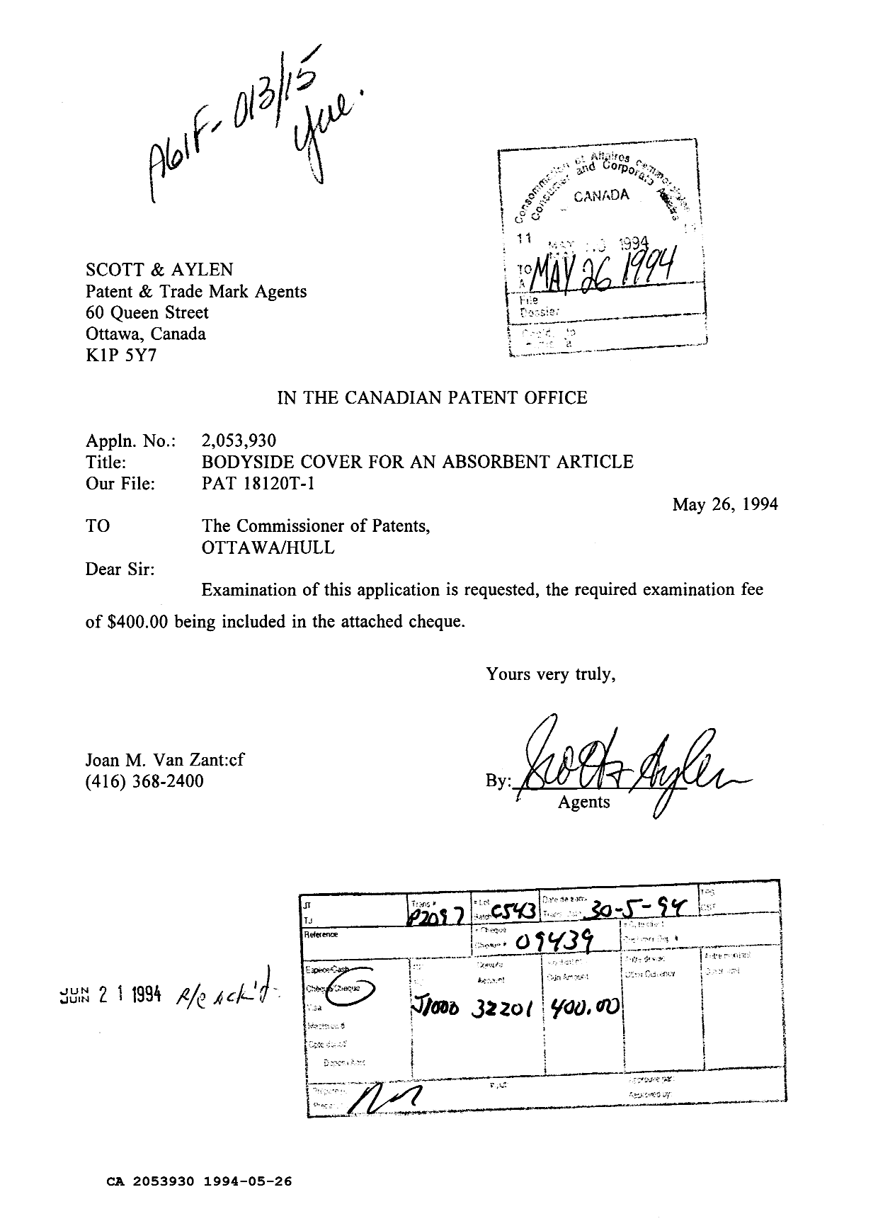 Document de brevet canadien 2053930. Correspondance de la poursuite 19940526. Image 1 de 1