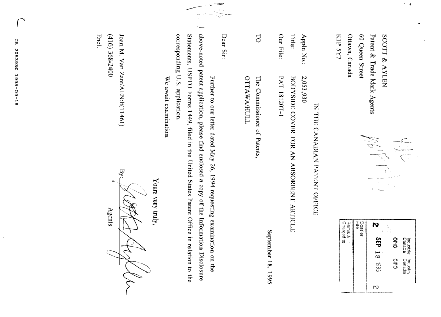 Document de brevet canadien 2053930. Correspondance de la poursuite 19950918. Image 1 de 7