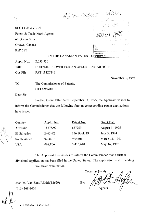 Canadian Patent Document 2053930. Prosecution Correspondence 19951101. Image 1 of 1