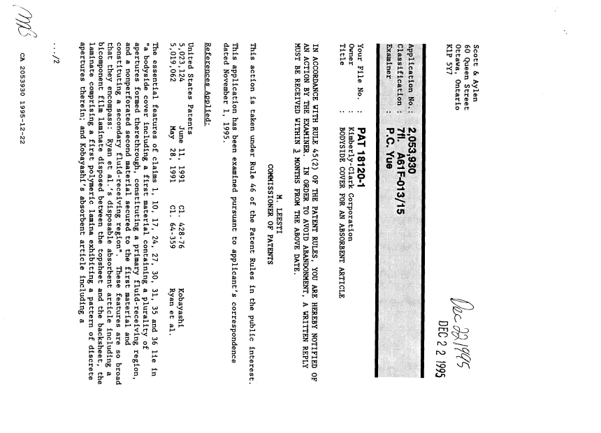 Document de brevet canadien 2053930. Demande d'examen 19951222. Image 1 de 3