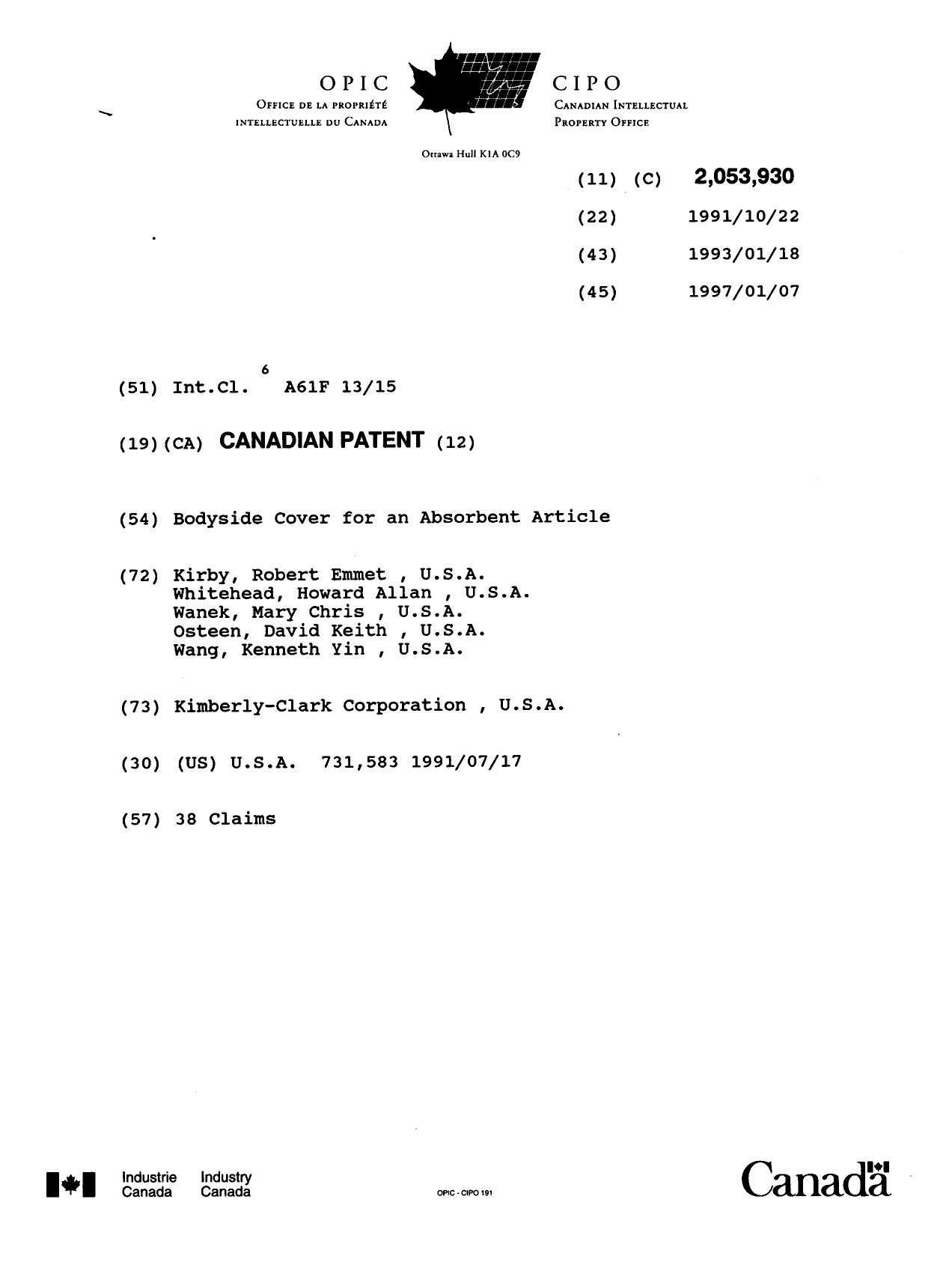 Document de brevet canadien 2053930. Page couverture 19970107. Image 1 de 1