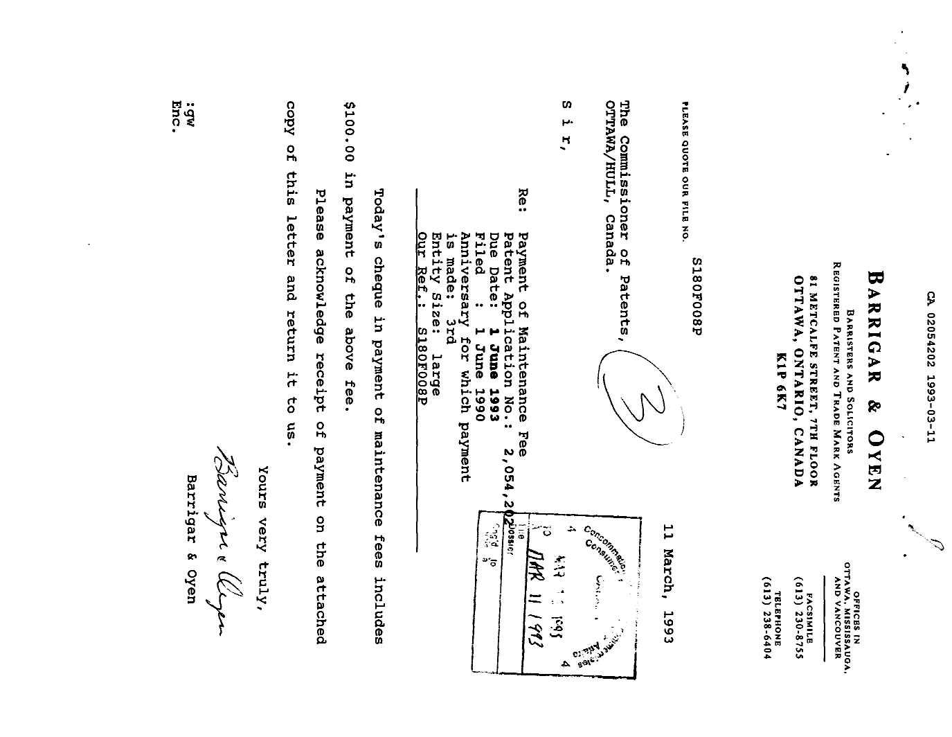 Canadian Patent Document 2054202. Fees 19930311. Image 1 of 1