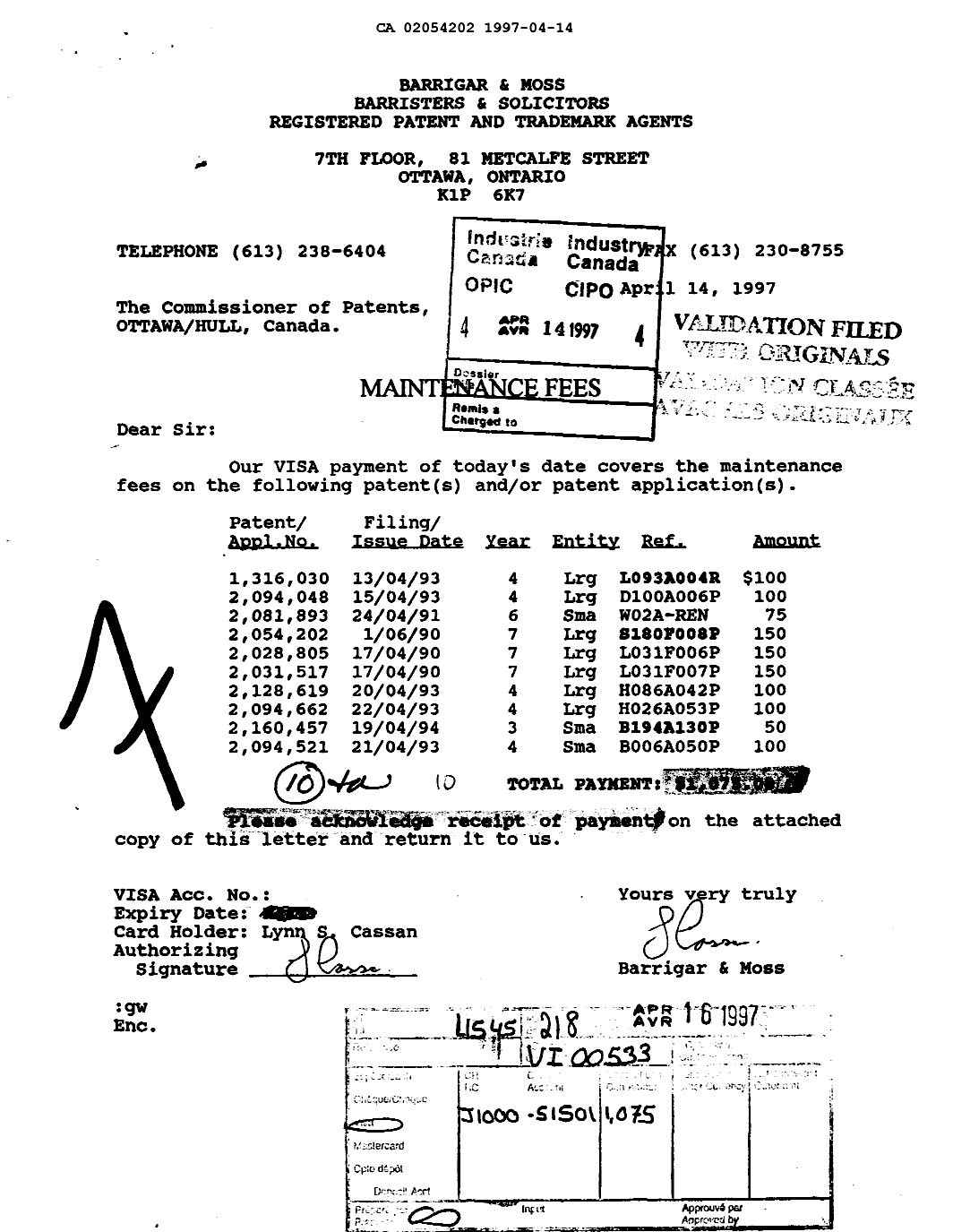 Document de brevet canadien 2054202. Taxes 19970414. Image 1 de 1