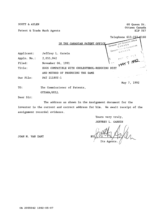 Document de brevet canadien 2055042. Correspondance reliée au PCT 19920507. Image 1 de 1