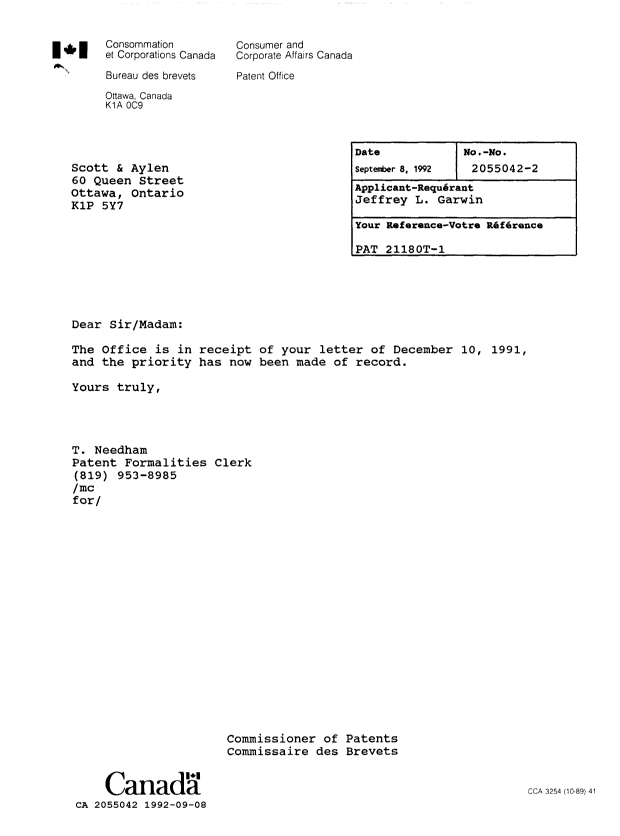 Document de brevet canadien 2055042. Lettre du bureau 19920908. Image 1 de 1