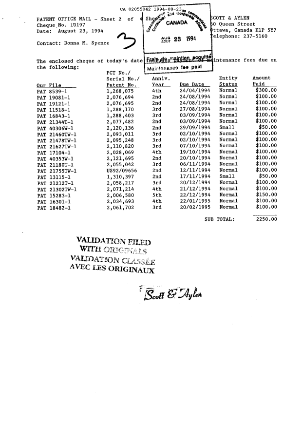 Document de brevet canadien 2055042. Taxes 19940823. Image 1 de 1