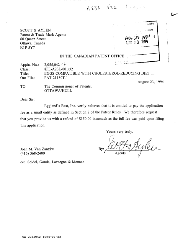 Document de brevet canadien 2055042. Correspondance reliée au PCT 19940823. Image 1 de 1