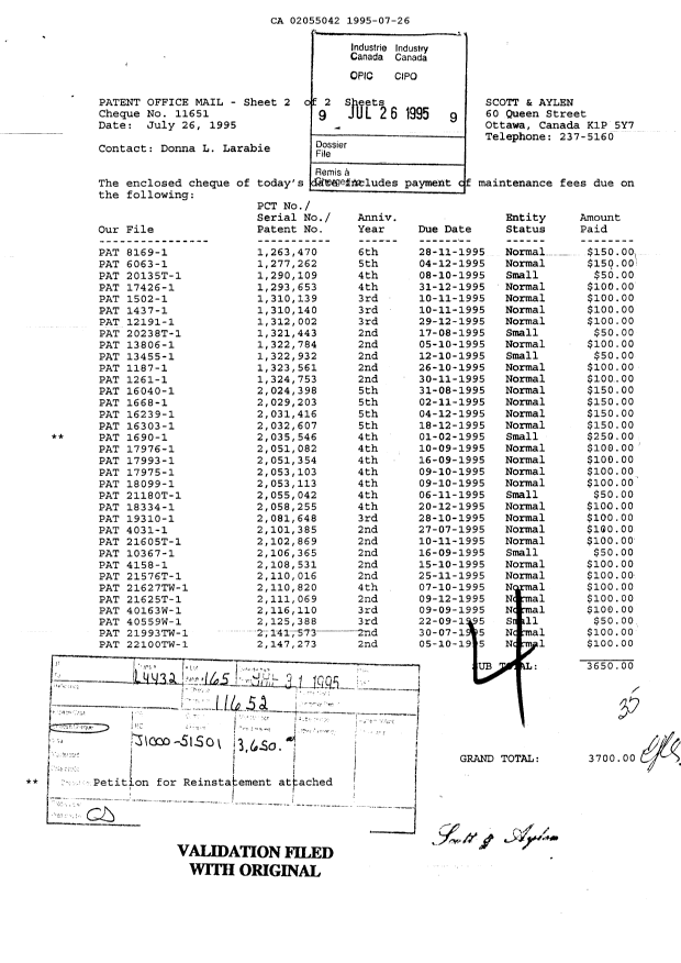 Document de brevet canadien 2055042. Taxes 19950726. Image 1 de 1
