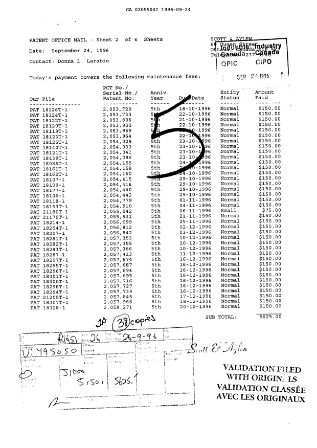 Document de brevet canadien 2055042. Taxes 19960924. Image 1 de 1