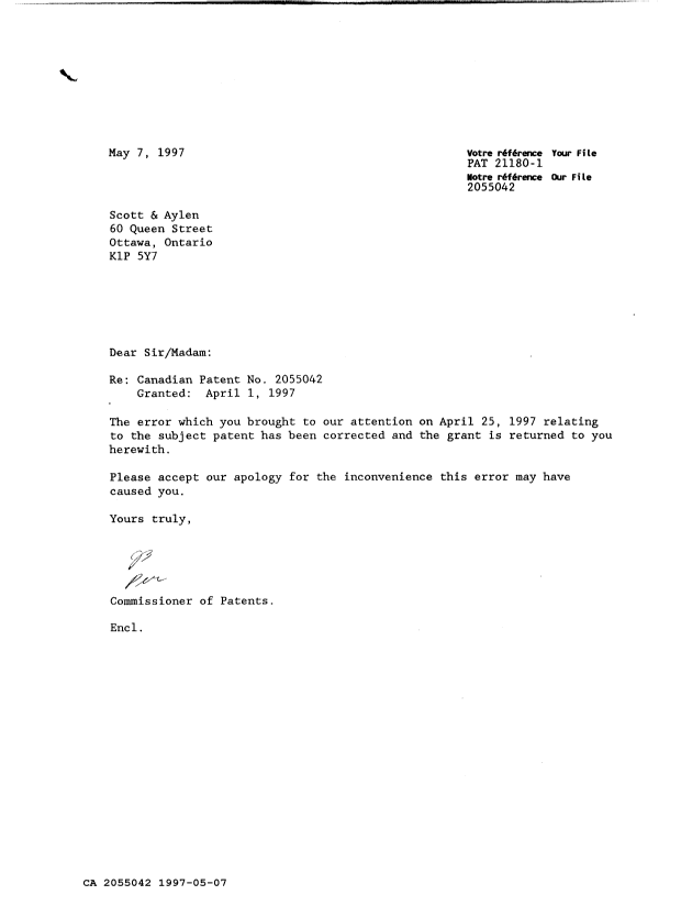 Canadian Patent Document 2055042. Office Letter 19970507. Image 1 of 1