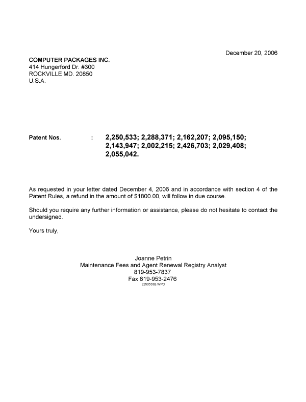Document de brevet canadien 2055042. Correspondance 20061220. Image 1 de 1