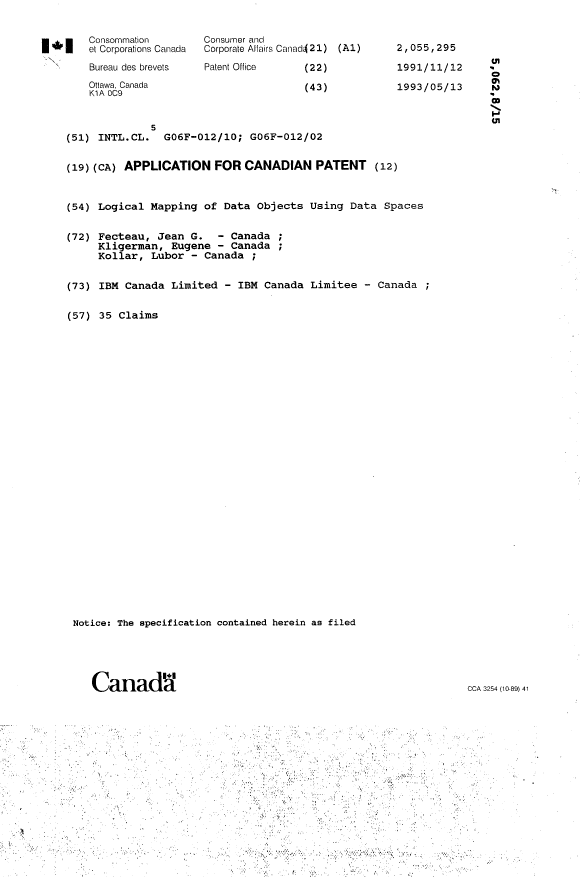 Canadian Patent Document 2055295. Cover Page 19940327. Image 1 of 1