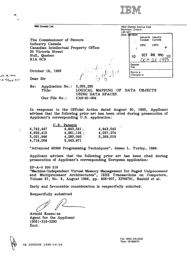 Canadian Patent Document 2055295. Prosecution Correspondence 19951026. Image 1 of 1