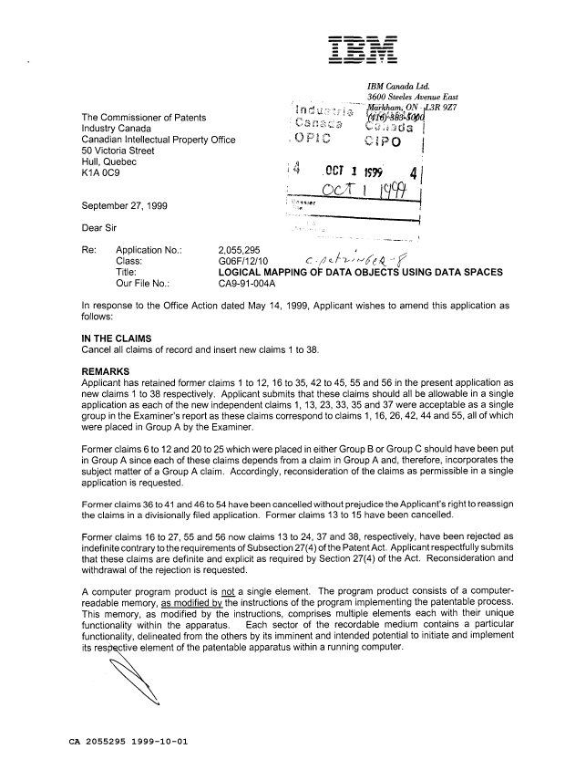 Canadian Patent Document 2055295. Prosecution Correspondence 19991001. Image 1 of 2
