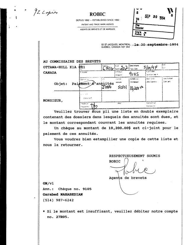 Document de brevet canadien 2055574. Taxes 19940930. Image 1 de 2
