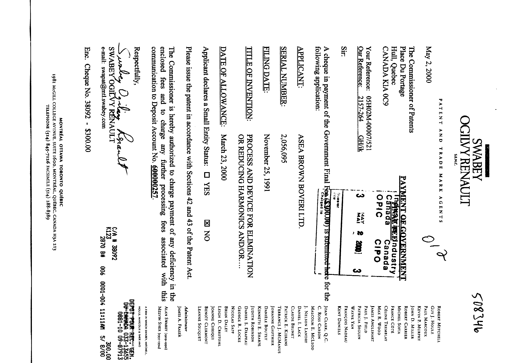 Canadian Patent Document 2056095. Correspondence 20000502. Image 1 of 1