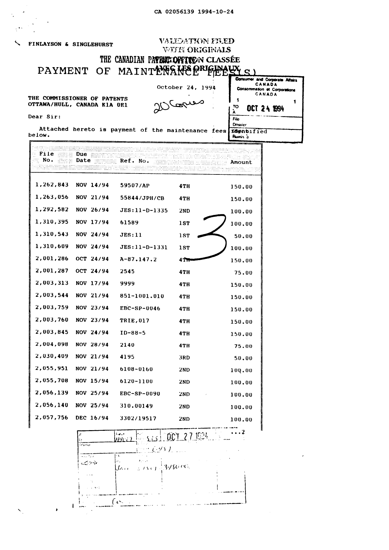 Document de brevet canadien 2056139. Taxes 19941024. Image 1 de 1