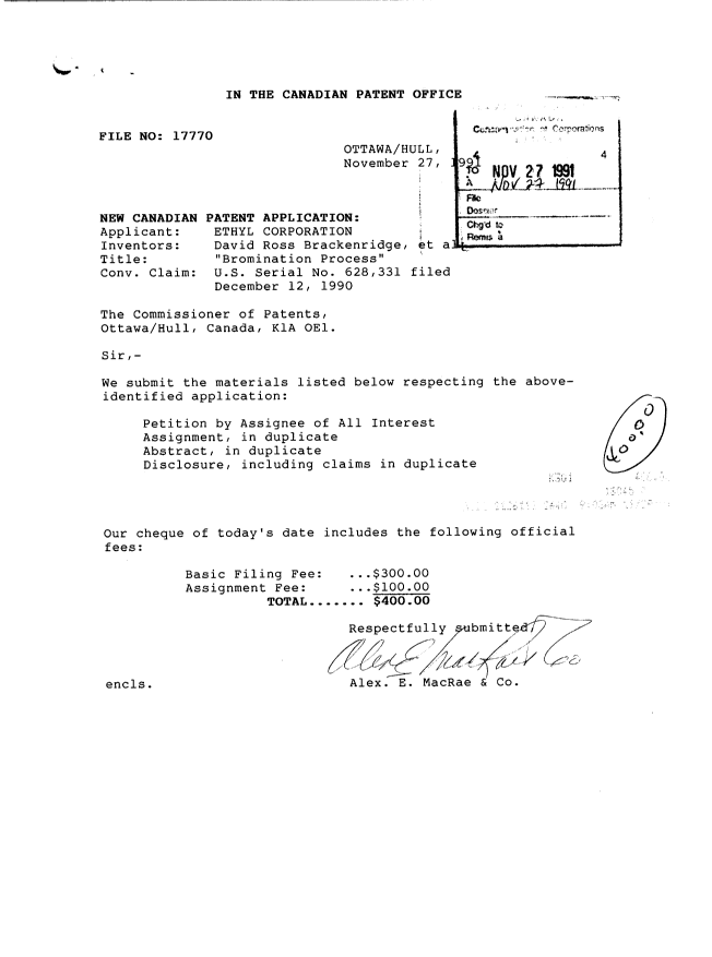Document de brevet canadien 2056270. Cession 19911127. Image 1 de 6