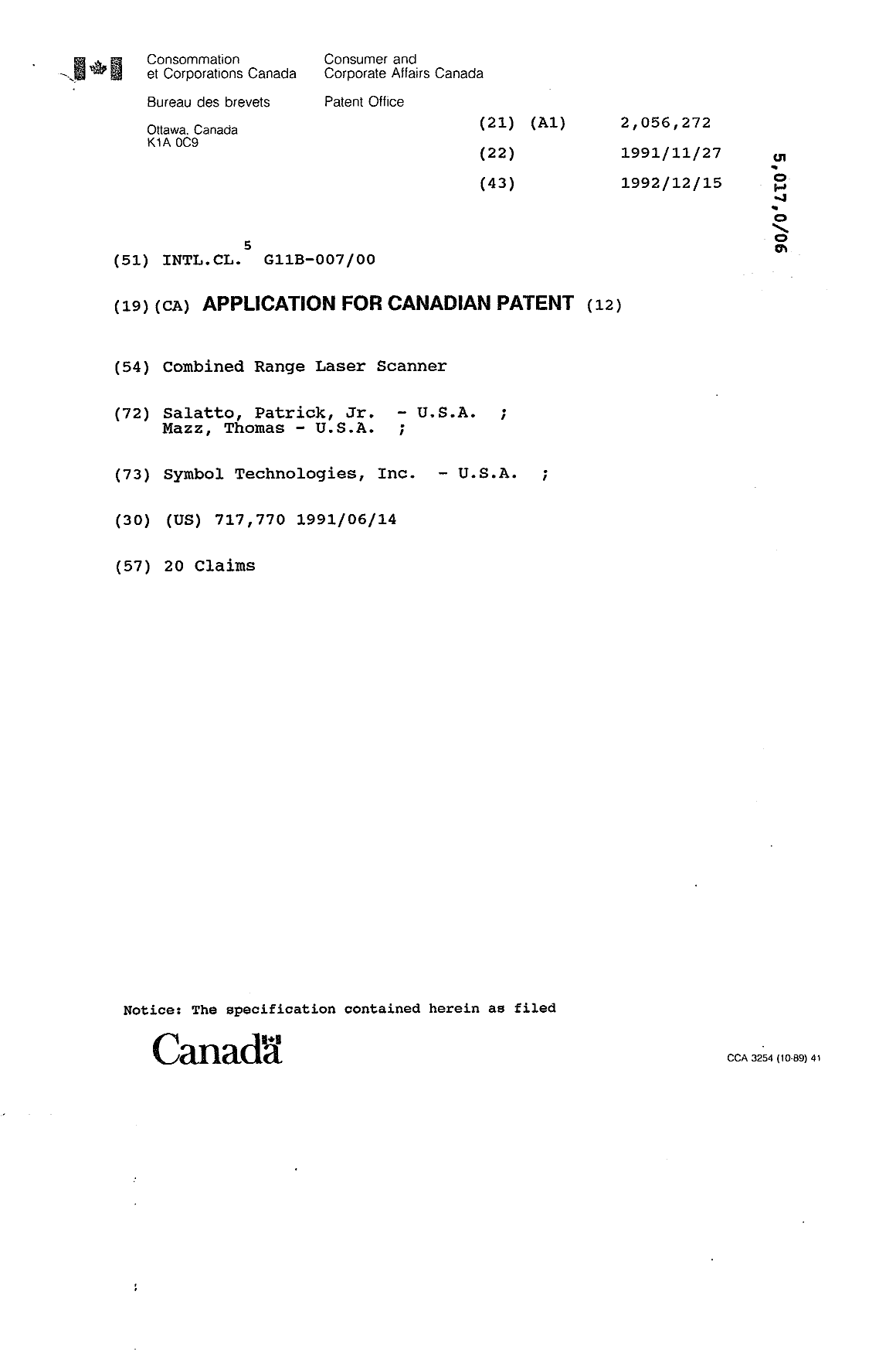 Document de brevet canadien 2056272. Page couverture 19931215. Image 1 de 1