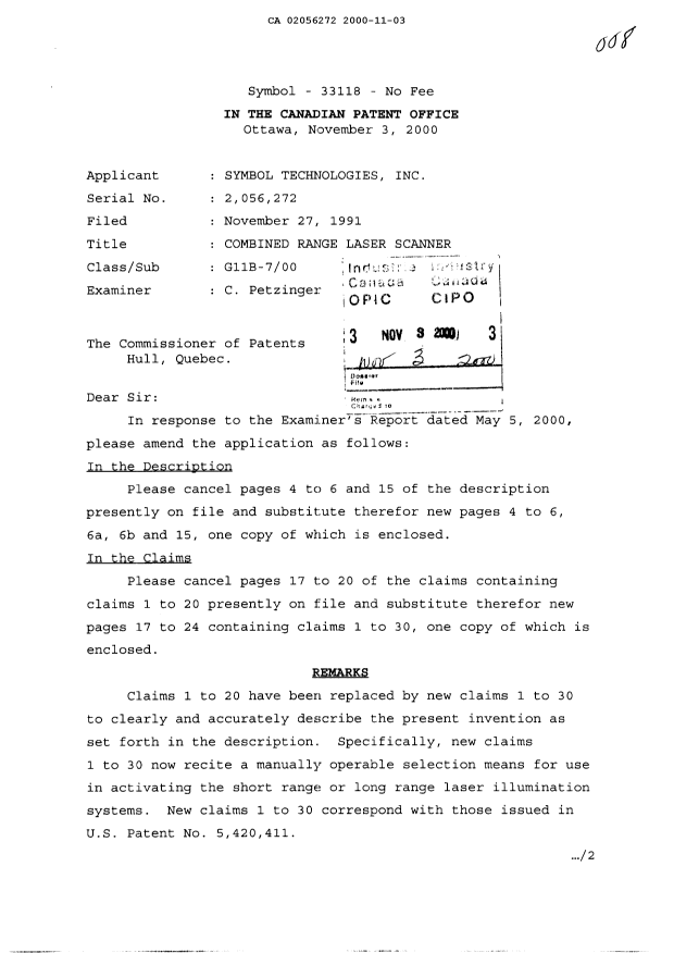 Canadian Patent Document 2056272. Prosecution-Amendment 20001103. Image 1 of 17