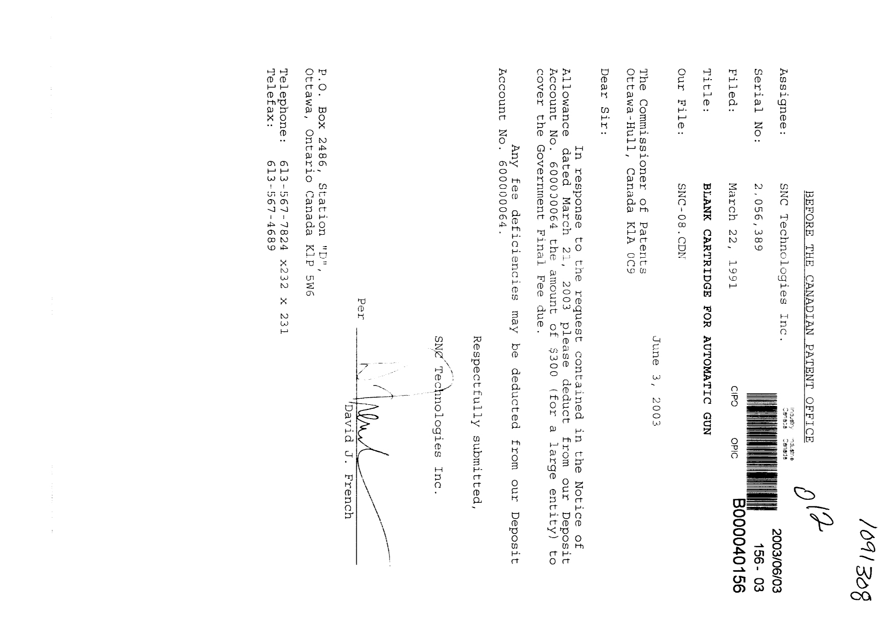 Canadian Patent Document 2056389. Correspondence 20030603. Image 1 of 1