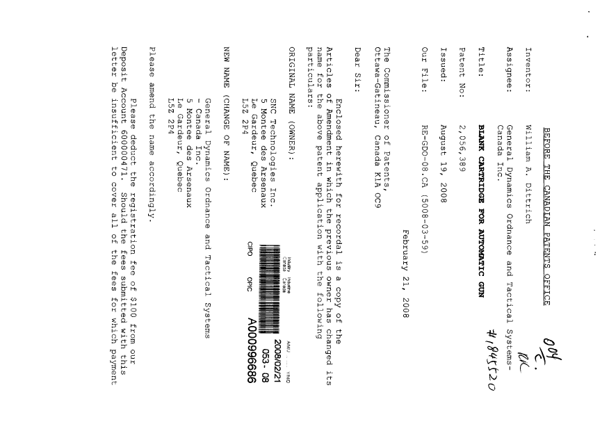 Document de brevet canadien 2056389. Cession 20080221. Image 1 de 4
