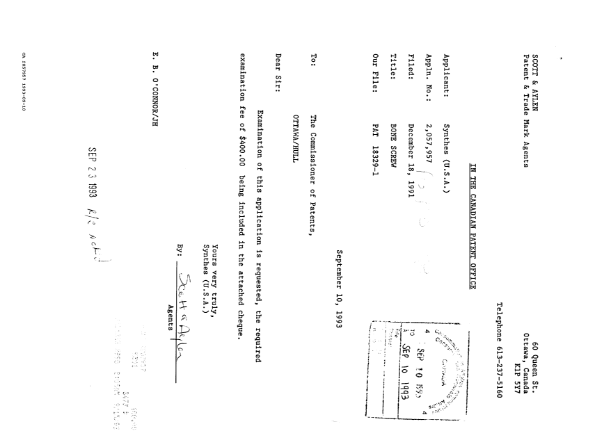 Canadian Patent Document 2057957. Prosecution Correspondence 19930910. Image 1 of 1
