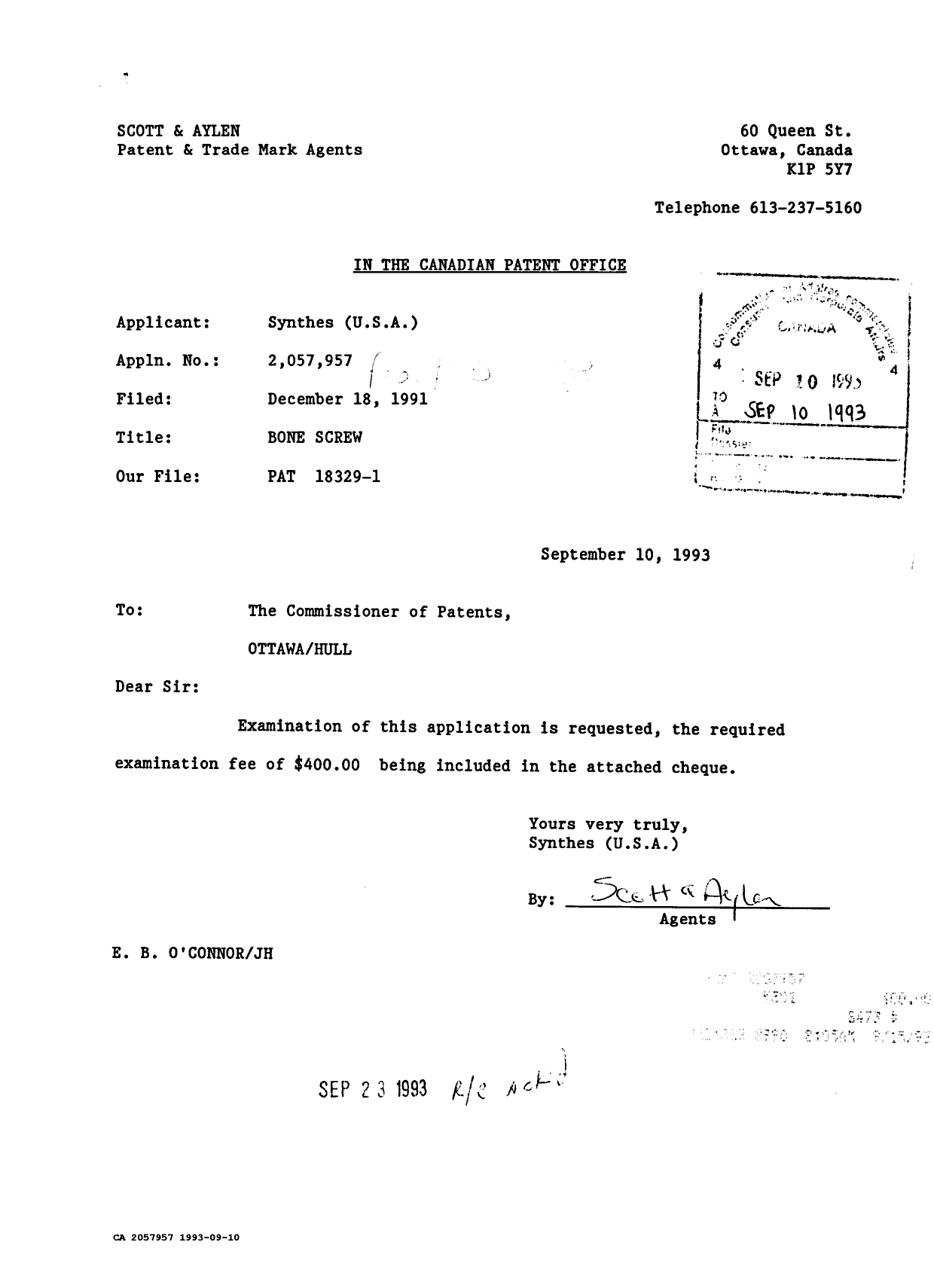 Document de brevet canadien 2057957. Correspondance de la poursuite 19930910. Image 1 de 1