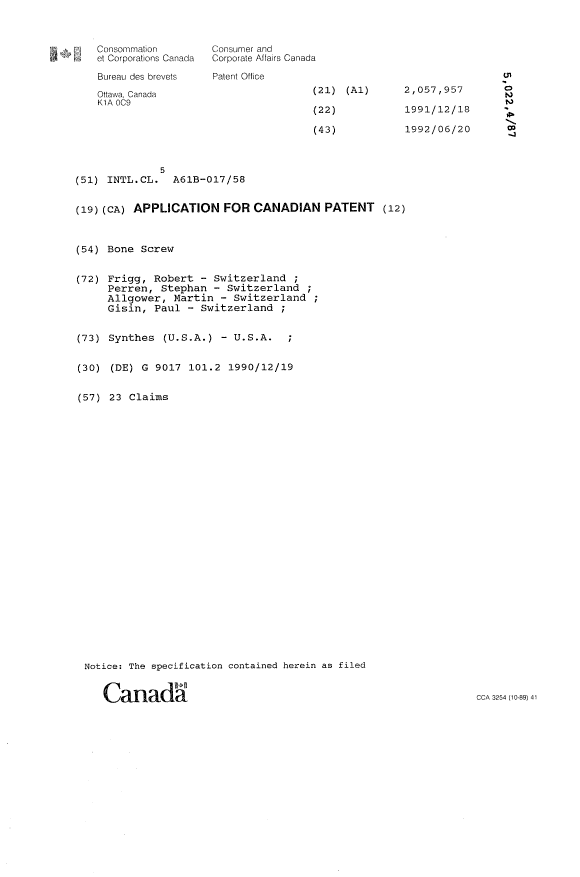 Canadian Patent Document 2057957. Cover Page 19931214. Image 1 of 1