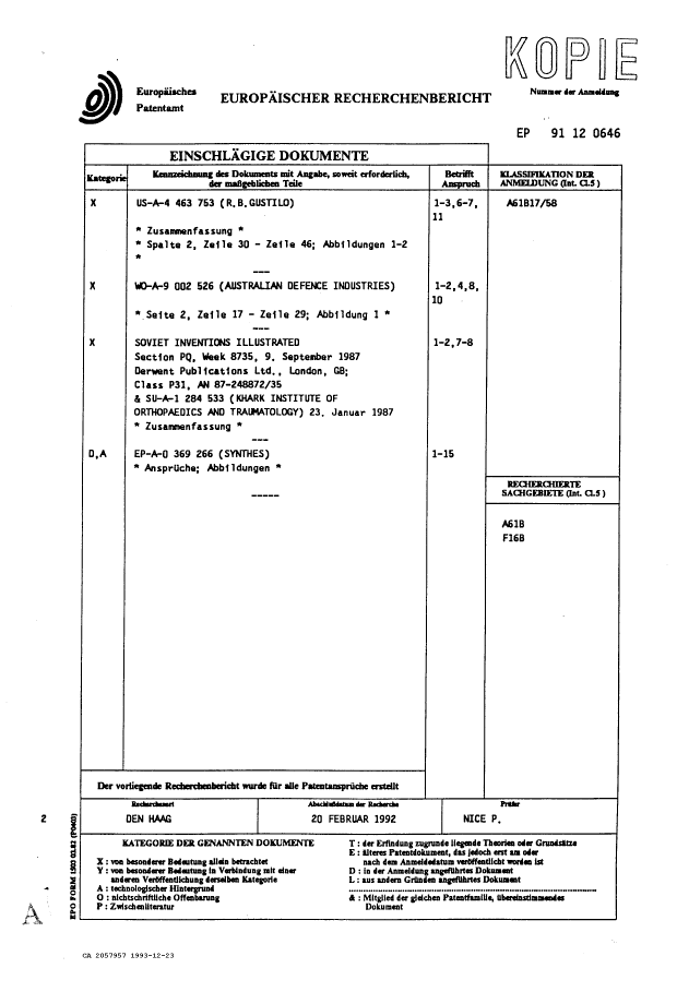 Canadian Patent Document 2057957. Prosecution Correspondence 19931223. Image 3 of 4