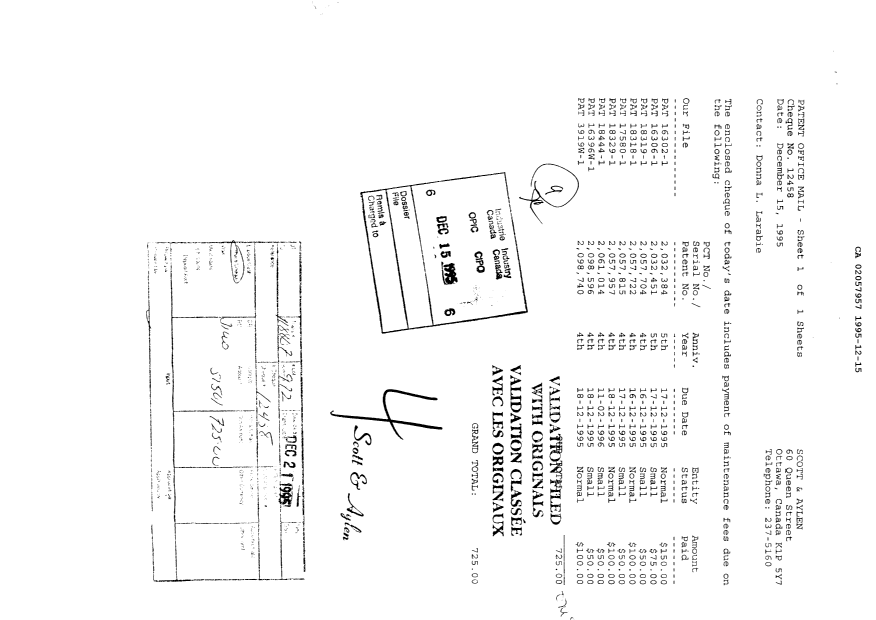 Document de brevet canadien 2057957. Taxes 19951215. Image 1 de 1