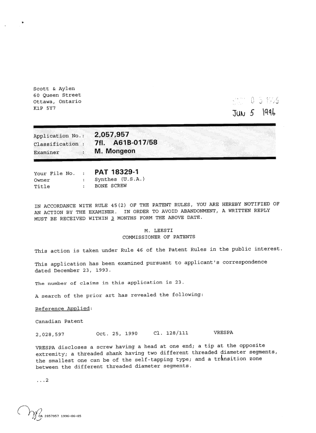 Document de brevet canadien 2057957. Demande d'examen 19960605. Image 1 de 2