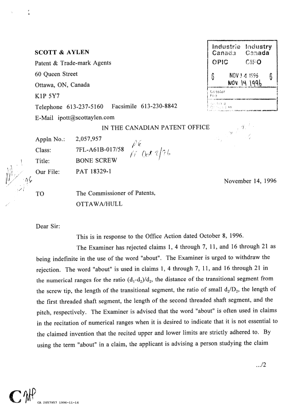 Canadian Patent Document 2057957. Prosecution Correspondence 19961114. Image 1 of 2