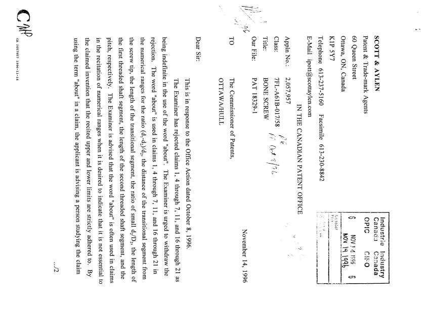 Document de brevet canadien 2057957. Correspondance de la poursuite 19961114. Image 1 de 2