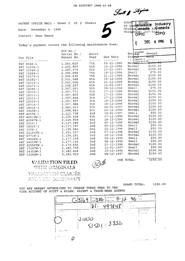 Document de brevet canadien 2057957. Taxes 19961204. Image 1 de 1