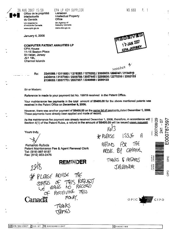 Document de brevet canadien 2057957. Correspondance 20070829. Image 1 de 1