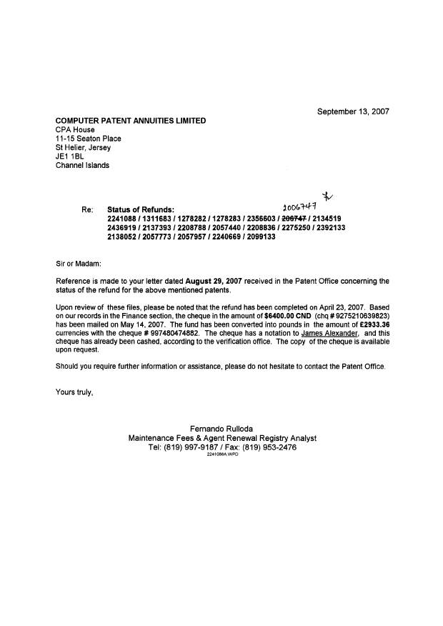Document de brevet canadien 2057957. Correspondance 20070913. Image 1 de 1