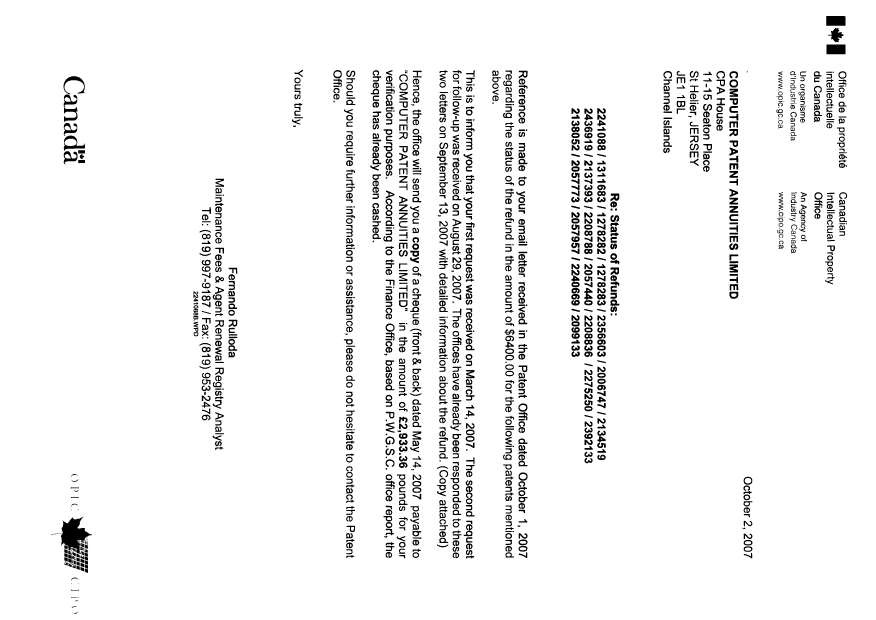 Document de brevet canadien 2057957. Correspondance 20071002. Image 1 de 7