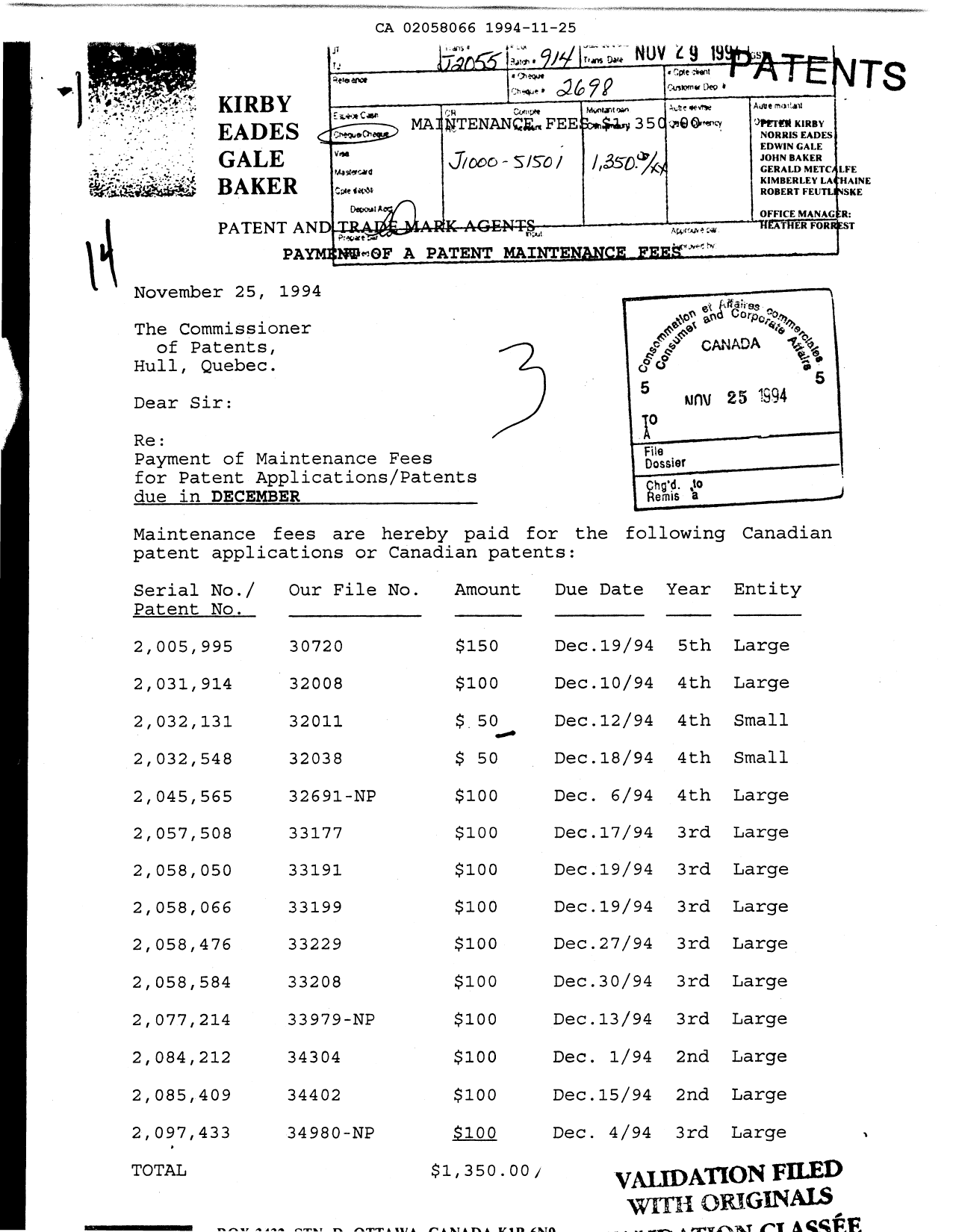 Document de brevet canadien 2058066. Taxes 19941125. Image 1 de 1