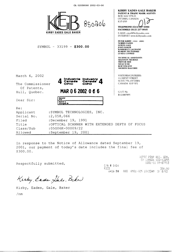 Canadian Patent Document 2058066. Correspondence 20020306. Image 1 of 1