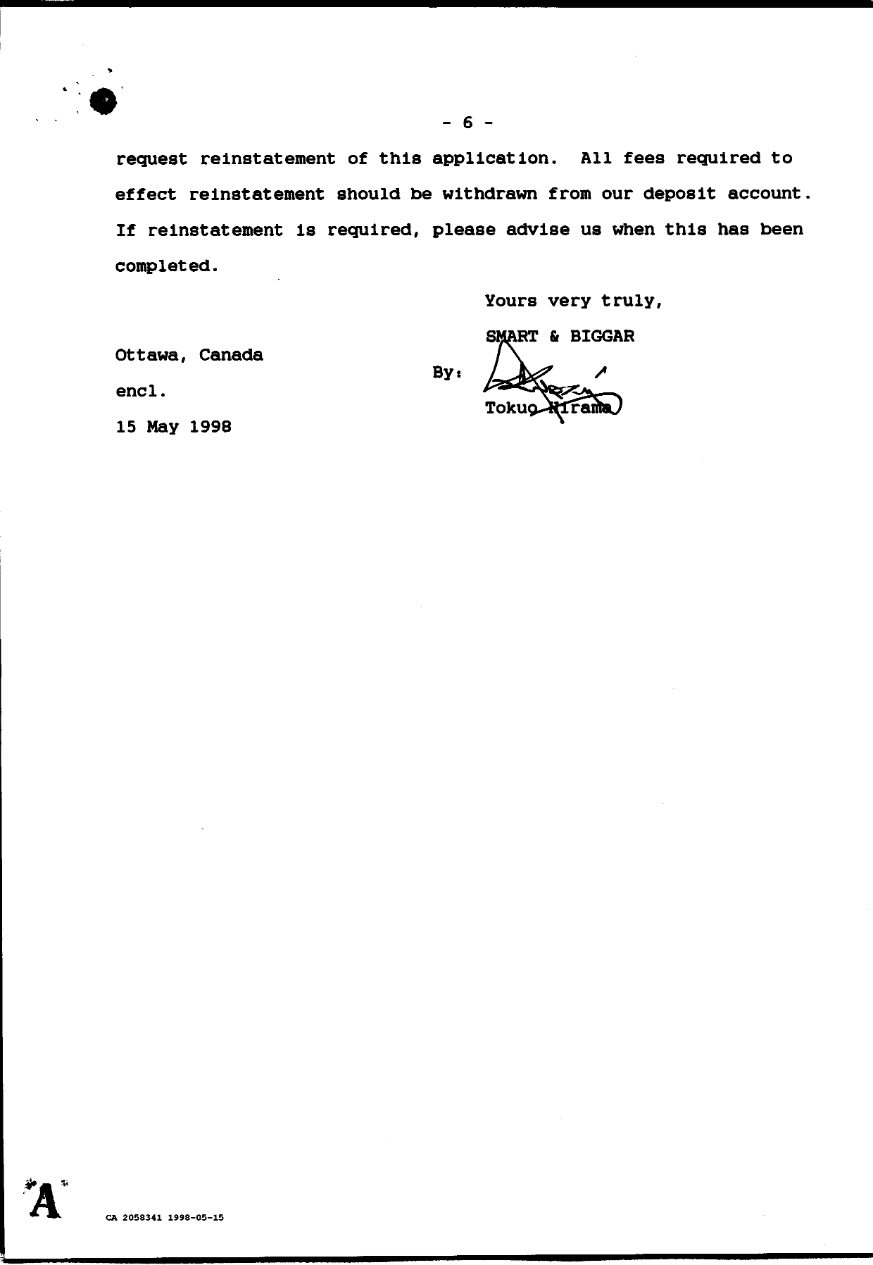Canadian Patent Document 2058341. Prosecution Correspondence 19980515. Image 6 of 6