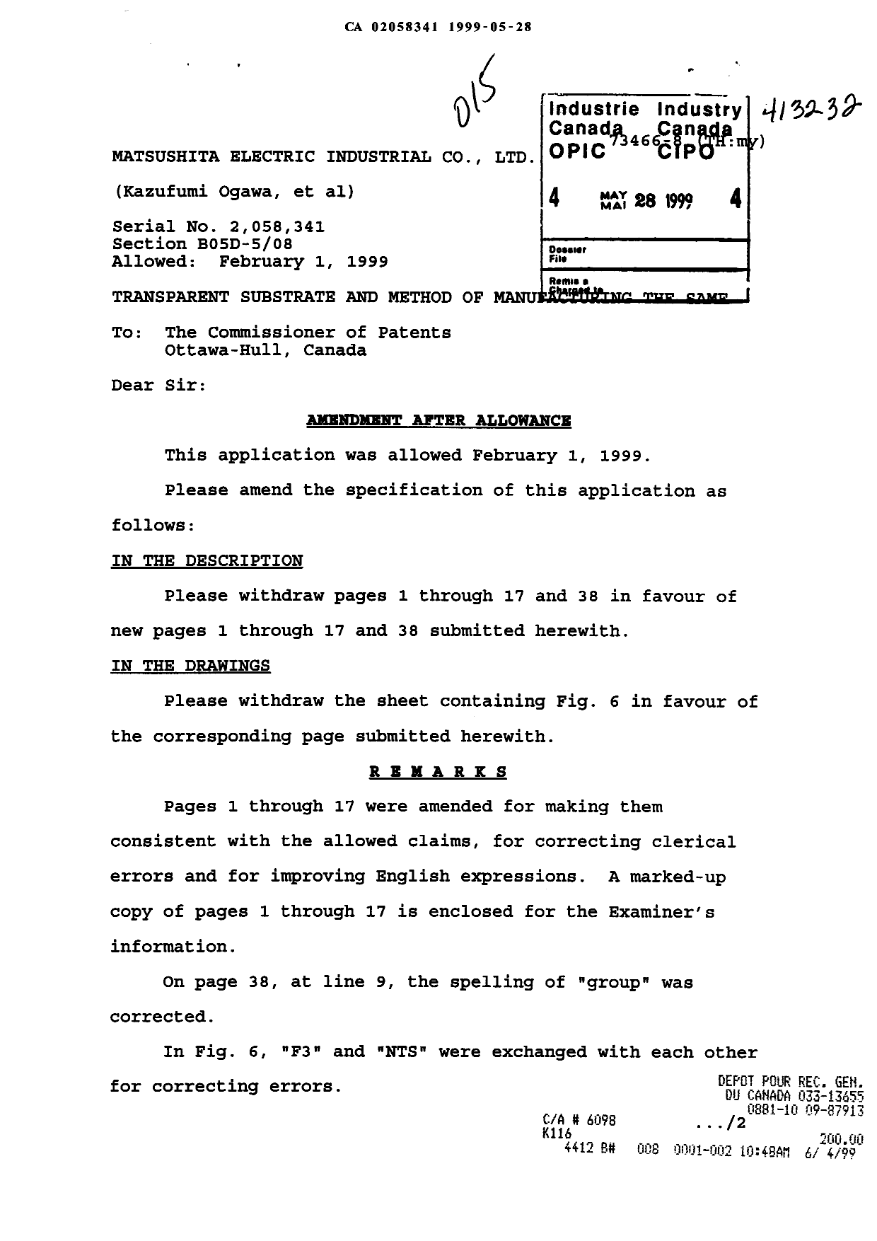 Document de brevet canadien 2058341. Poursuite-Amendment 19990528. Image 1 de 38