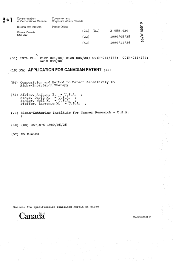Canadian Patent Document 2058420. Cover Page 19901126. Image 1 of 1