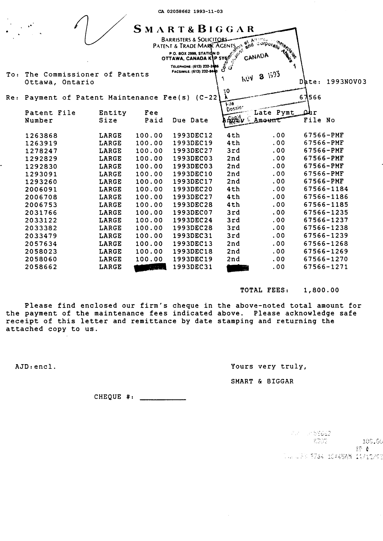 Document de brevet canadien 2058662. Taxes 19931103. Image 1 de 1