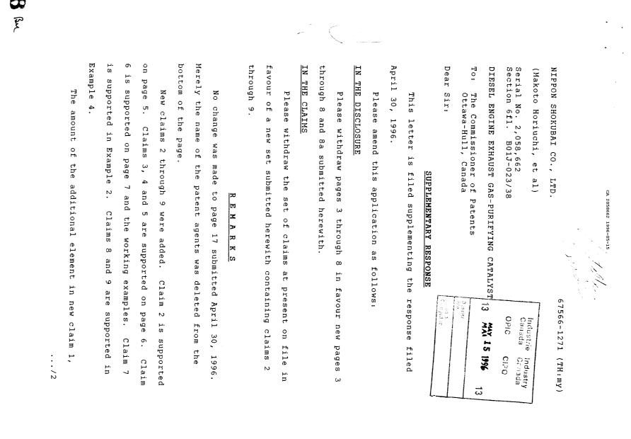 Document de brevet canadien 2058662. Correspondance de la poursuite 19960515. Image 1 de 10