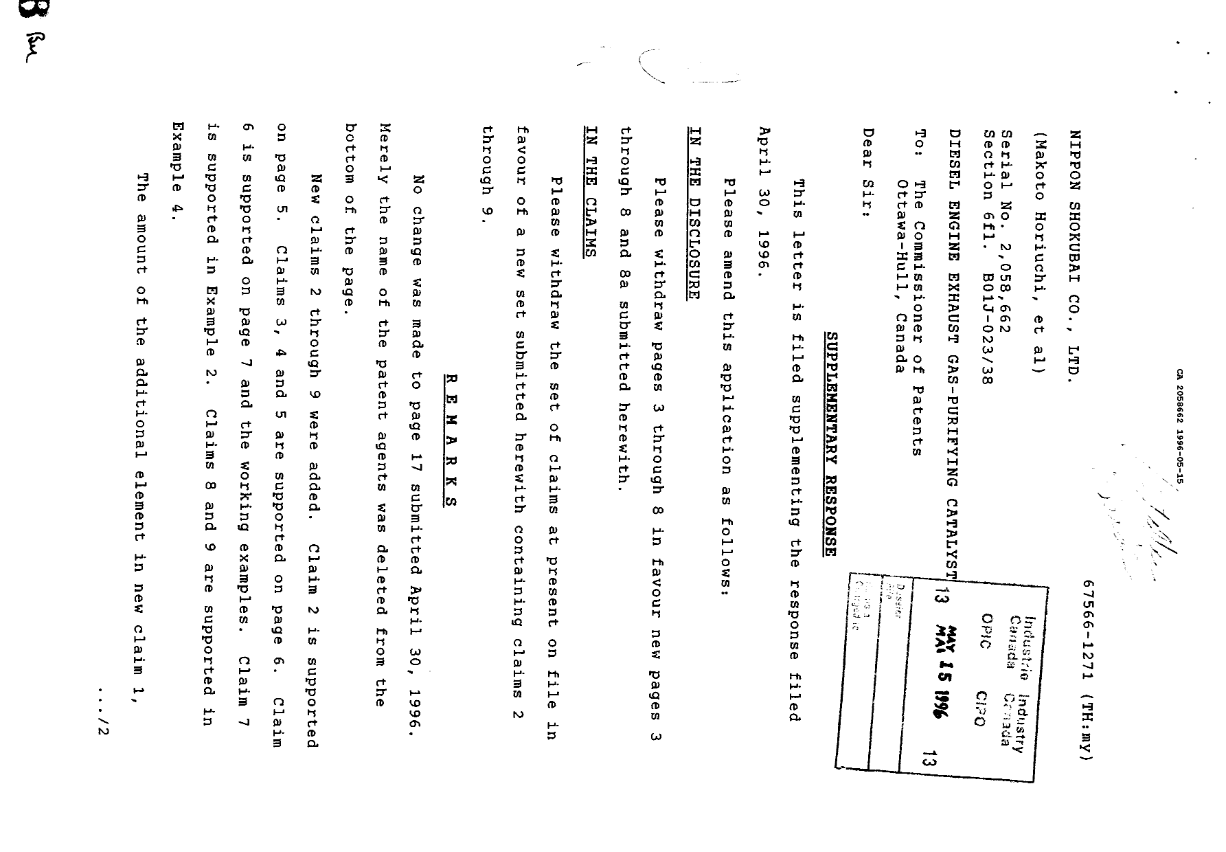 Canadian Patent Document 2058662. Prosecution Correspondence 19960515. Image 1 of 10