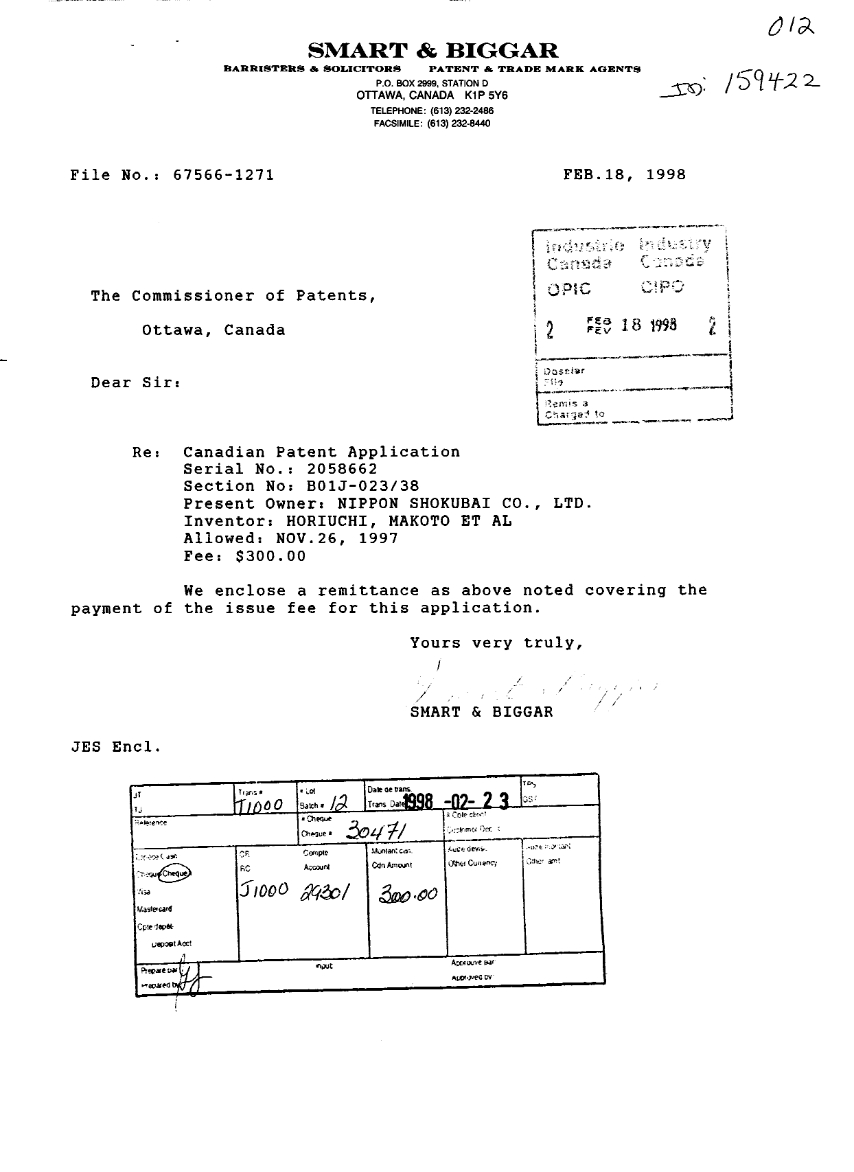 Document de brevet canadien 2058662. Correspondance 19980218. Image 1 de 1
