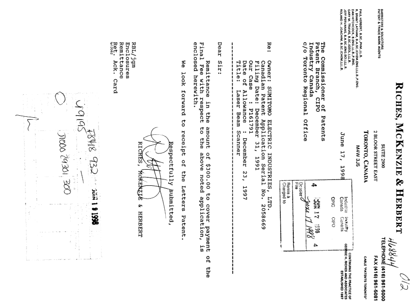 Document de brevet canadien 2058669. Correspondance 19980617. Image 1 de 1