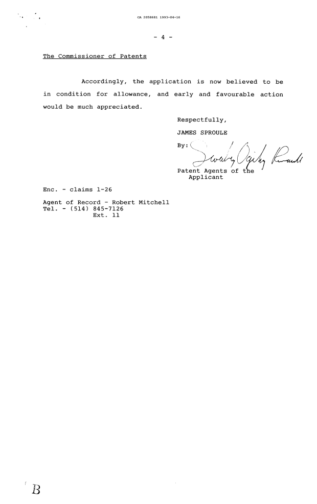Document de brevet canadien 2058681. Correspondance de la poursuite 19930416. Image 4 de 4