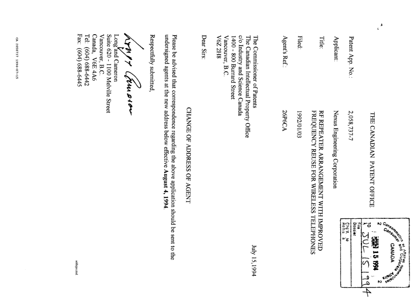 Document de brevet canadien 2058737. Correspondance 19931215. Image 1 de 1